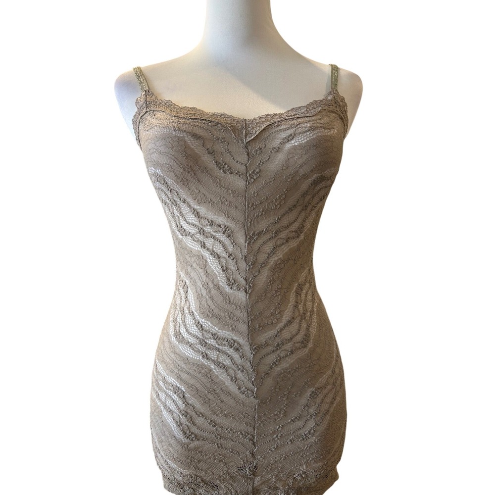 Free People Intimately Suddenly Fine Lace Slip Taupe Chevron Zebra XS Sony